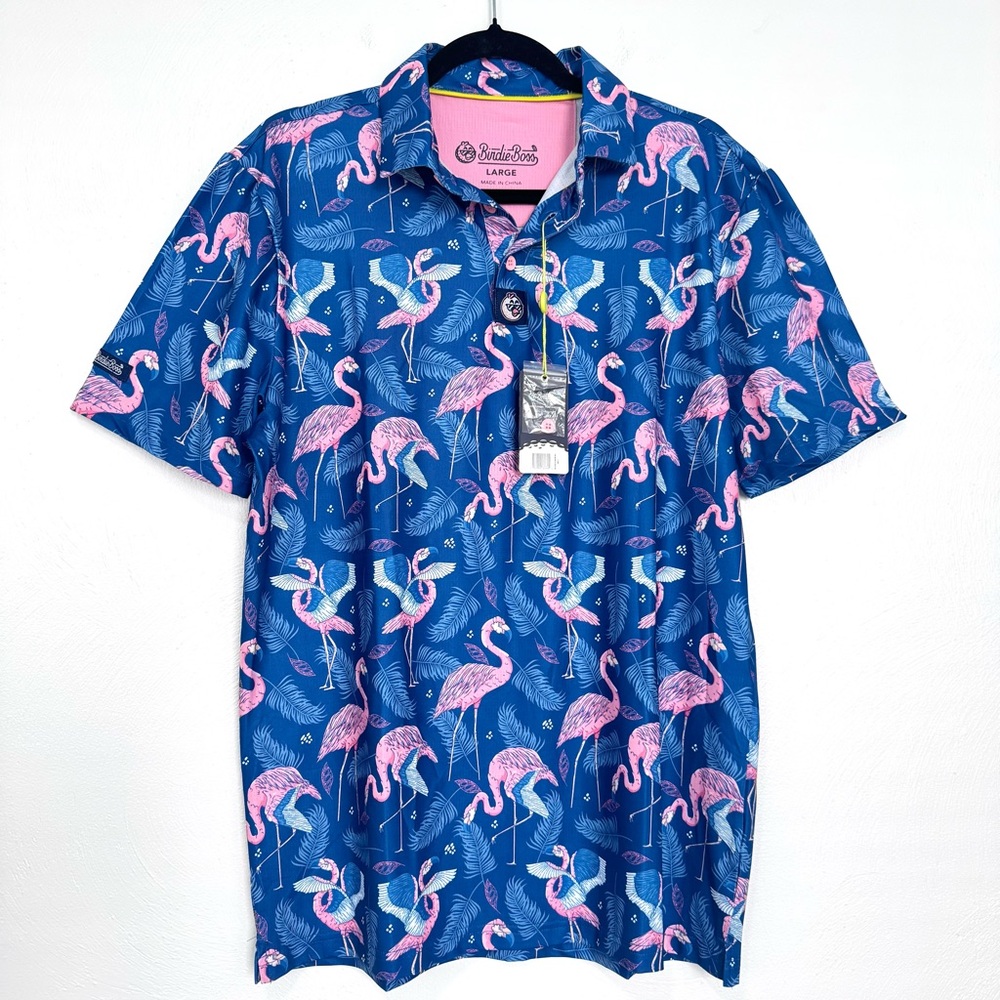 BirdieBoss Golf Flamingo Fairway Polo Shirt Men's Large Stretch Performance‎ NEW